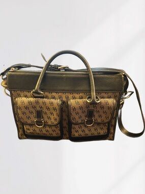 Dooney & Bourke Double Pocket Tote in Grey Black Signature Canvas Leather Trim